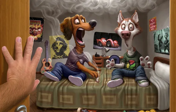 Картинка собаки, комната, дым, хозяин