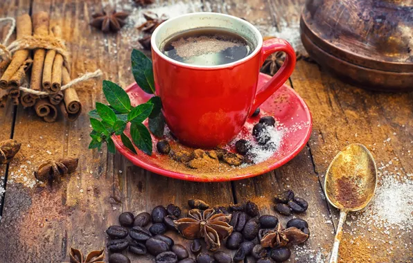Кофе, зерна, чашка, hot, корица, cup, beans, coffee
