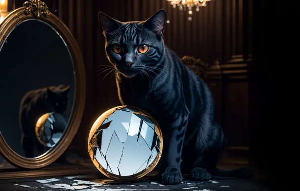 Кот, осколки, шар, зеркало