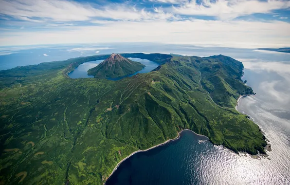 Картинка landscape, nature, lake, islands, volcano, Kuril islands