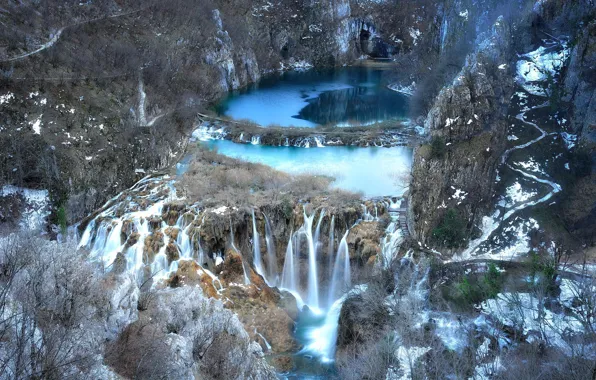 Картинка озеро, скалы, водопад, Republika Hrvatska, national park, Plitvice Lakes