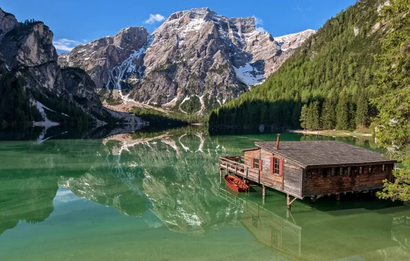 Картинка горы, озеро, отражение, лодка, Италия, домик, Italy, Доломитовые Альпы