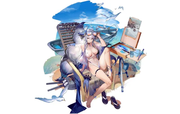 Girl, sexy, cleavage, beach, long hair, sea, boobs, anime