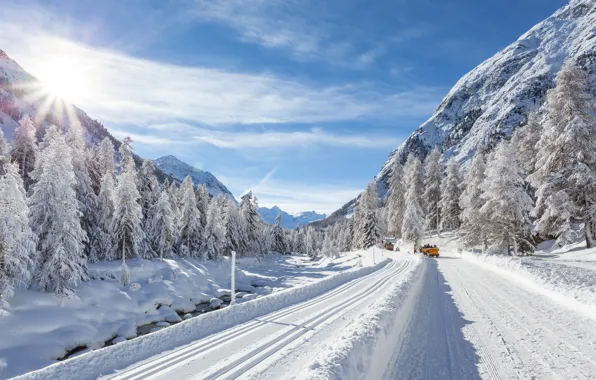 Картинка зима, дорога, солнце, снег, машины, ёлки, сопки