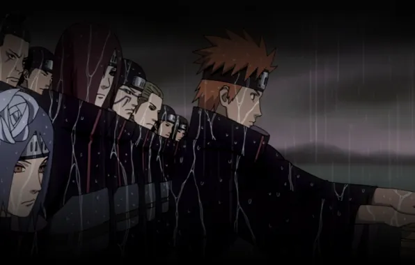 Картинка ночь, Naruto, ливень, отряд, ninja, Akatsuki, Yahiko, Nagato