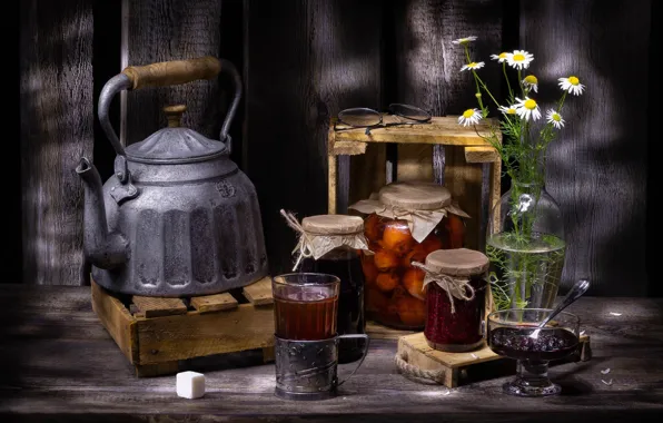 Цветы, чай, ромашки, чайник, очки, ложка, чаепитие, сахар