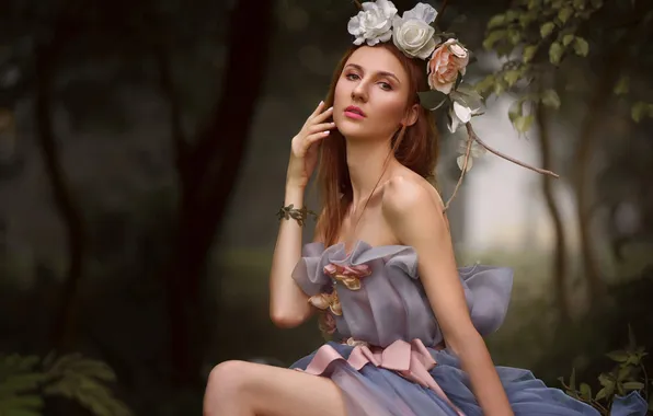 Лето, взгляд, девушка, цветы, природа, поза, стиль, платье