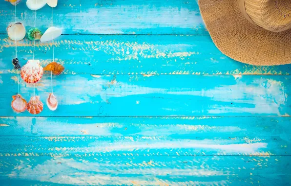 Картинка песок, пляж, фон, доски, шляпа, ракушки, summer, beach