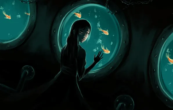 Картинка море, девушка, рыбки, рыбы, темно, арт, под водой, иллюминаторы