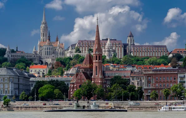 Картинка река, дома, собор, Венгрия, Будапешт, Дунай, Буда