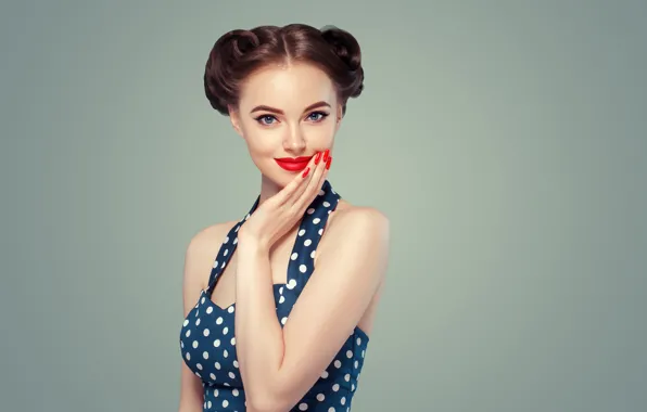Взгляд, лицо, стиль, ретро, макияж, платье, girl, причёска