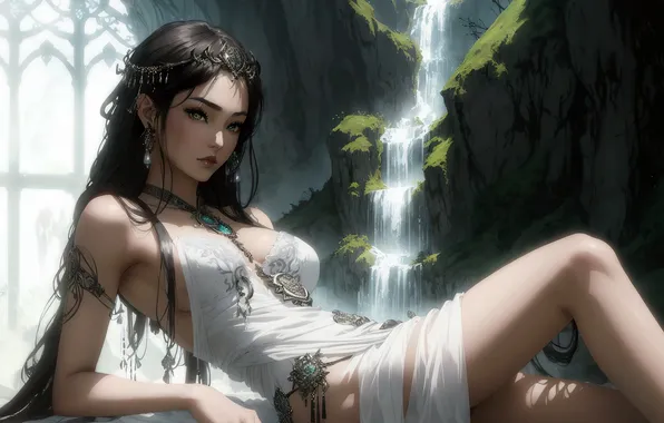 Girl, nature, art, waterfall, painting, digital art, fantasy art, jewelry