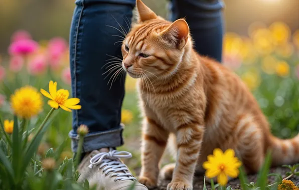 Кошка, кот, взгляд, цветы, поза, ноги, рыжий, мордашка