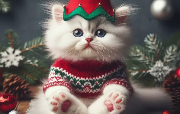 Кошка, белый, взгляд, ветки, поза, котенок, лапки, Рождество