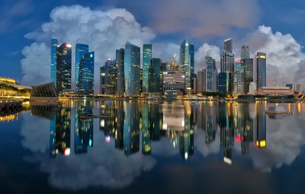 Картинка огни, отражение, вечер, бассейн, Сингапур, Марина-Бэй