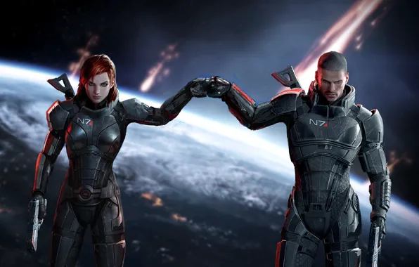 Картинка оружие, игра, арт, броня, John Shepard, Mass Effect, Jane Shepard