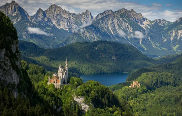 Пейзаж, горы, природа, озеро, замок, Германия, Бавария, леса