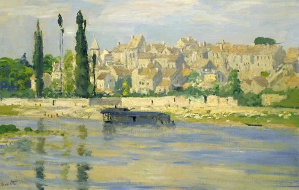 Пейзаж, город, река, дома, картина, живопись, клод моне