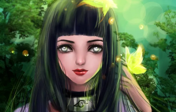 Картинка девушка, деревья, бабочки, арт, наруто, Naruto, rikamello, Hyuuga