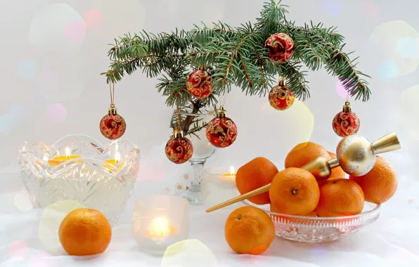 Картинка ветки, стол, праздник, елка, новый год, посуда, фрукты, happy new year