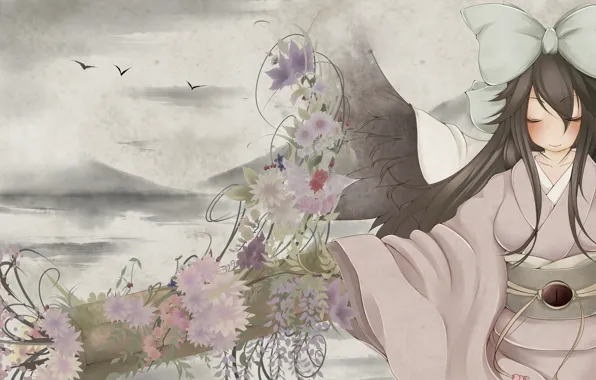 Небо, цветы, кимоно, бант, reiuji utsuho