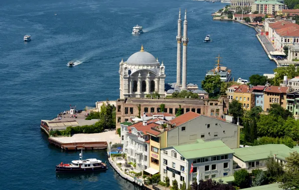 Картинка пролив, берег, мечеть, Стамбул, Турция, Босфор