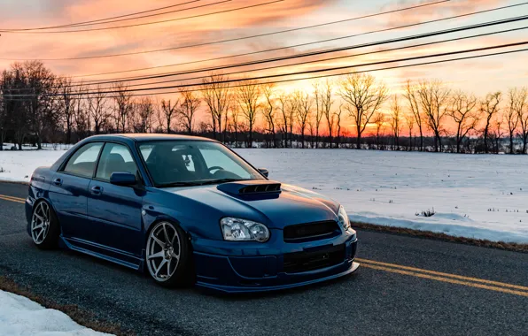 Subaru, WRX, Blue, Snow, Road