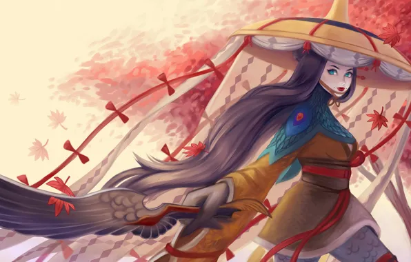 Девушка, меч, шляпа, art, Onmyoji, ubume