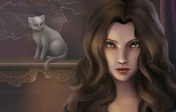 Картинка кошка, глаза, взгляд, девушка, фон, волосы, арт, белая