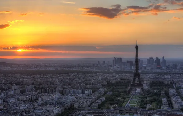 Закат, Франция, Париж, панорама, Эйфелева башня, Paris, France, Eiffel Tower