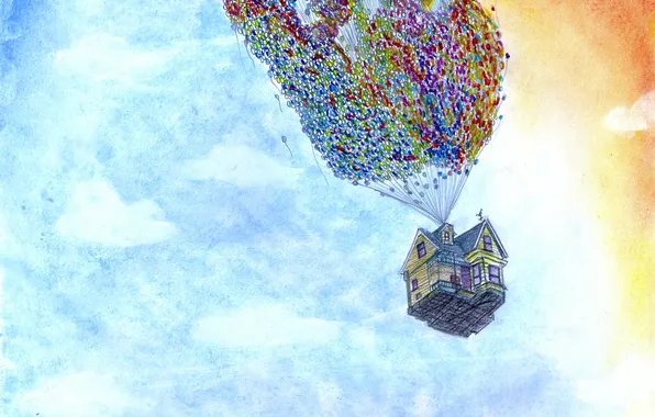 Картинка дом, воздушные шары, карандаши, акварель, Вверх, Арт, Pixar, небо.