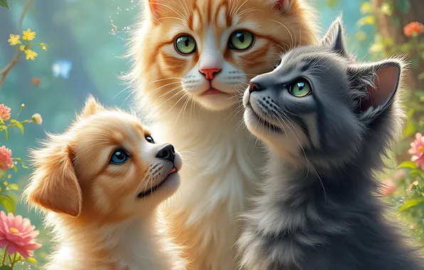 Кошка, лето, взгляд, кошки, цветы, природа, поза, котенок