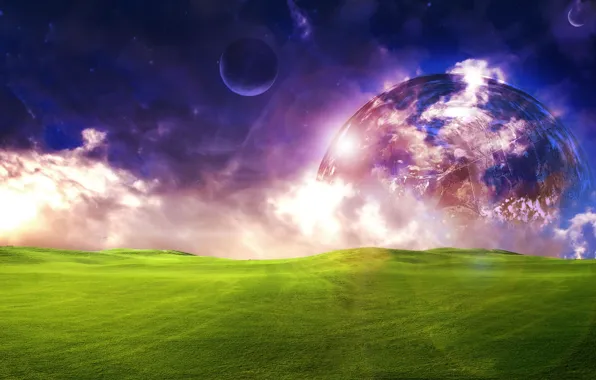 Картинка поле, небо, трава, космос, облака, свет, фантастика, луна