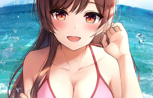 Girl, sexy, cleavage, long hair, sea, brown hair, boobs, anime