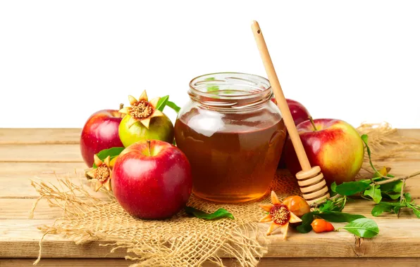 Картинка яблоки, мед, honey, листики, leaves, гранат, веточки, apples
