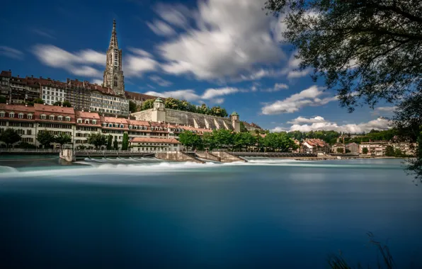 Картинка река, здания, башня, Швейцария, Switzerland, Берн, Bern, Aare River