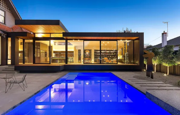Вилла, вечер, бассейн, освещение, архитектура, терраса, Glen Iris Residence, by West Valentine Design