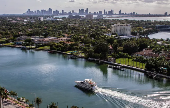 Картинка город, Майами, яхта, Miami, воде, USA., скользит