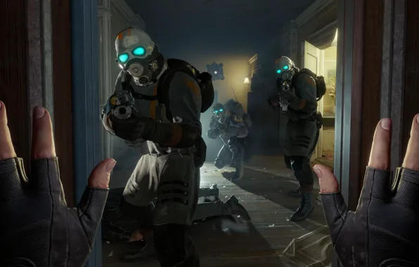 Оружие, ситуация, руки, коридор, солдаты, противогазы, Half-Life Alyx