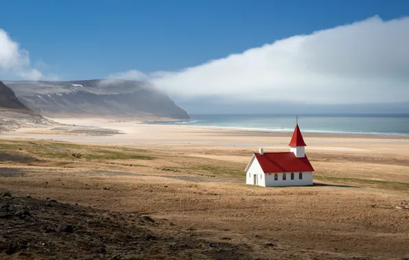 Картинка море, пейзаж, горы, храм, Исландия