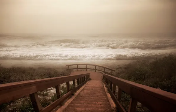 Картинка море, волны, туман, берег, лестница