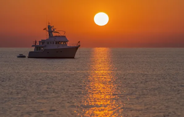 Море, солнце, пейзаж, закат, корабль, красота, солнечная дорожка, Эгейское море