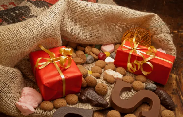 Праздник, новый год, шоколад, печенье, подарки, мешок, выпечка