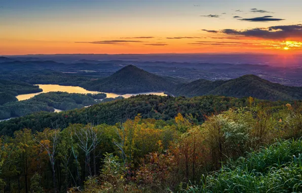 Картинка осень, лес, закат, горы, река, холмы, вид, высота