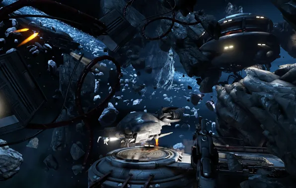 Космос, игра, астероиды, арт, космическая станция, Warframe