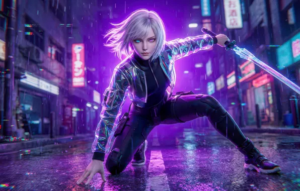Girl, sword, white, neon, haired