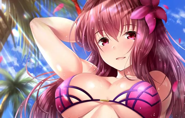 Girl, sexy, wet, cleavage, red hair, long hair, boobs, anime