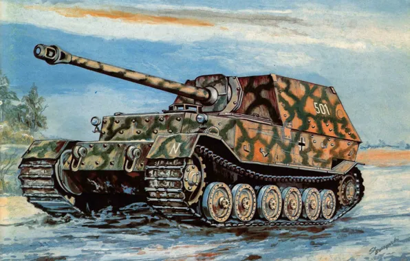 Картинка дорога, война, арт, установка, Sd.Kfz.184, Ferdinand, самоходно-артиллерийская, немецкая