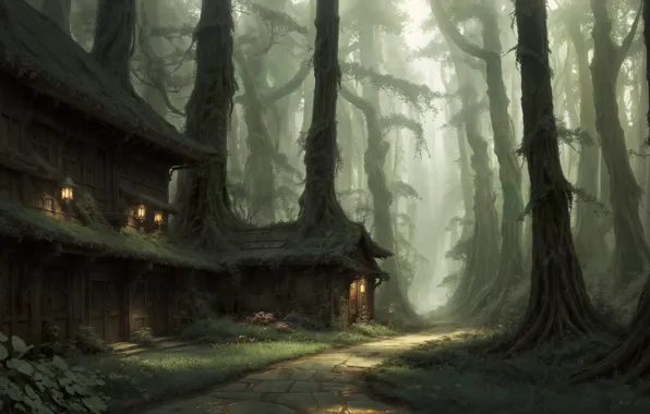 Forest, art, pathway, digital art, fantasy art, mysterious, hut, thicket