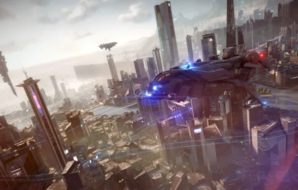 Свет, город, вертолет, мегаполис, звездолет, Killzone Shadow Fall